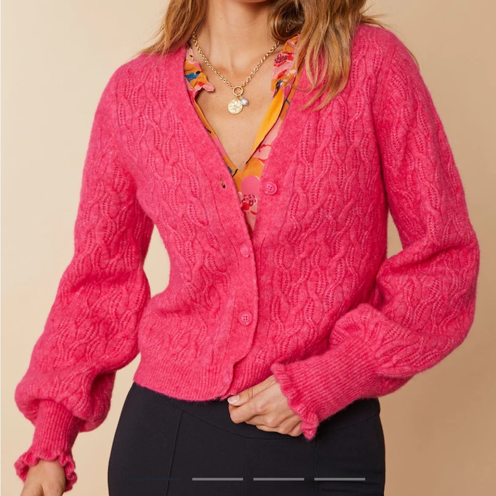 Spartina 449 Nadine Cardigan Magenta Hot Pink Sweater size XS fuzzy cable knit